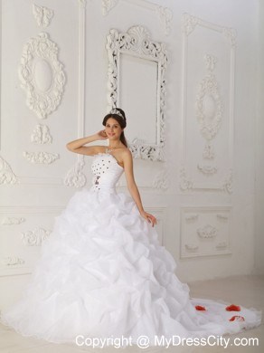 White Ball Gown Strapless Court Train Organza Quinceanera Dress