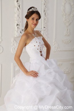 White Ball Gown Strapless Court Train Organza Quinceanera Dress