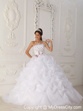 White Ball Gown Strapless Court Train Organza Quinceanera Dress