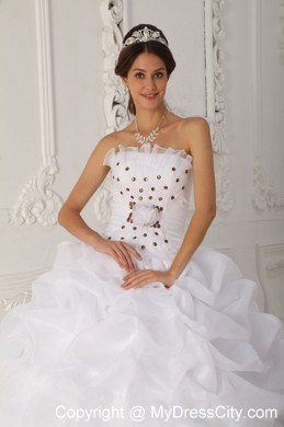 White Ball Gown Strapless Court Train Organza Quinceanera Dress