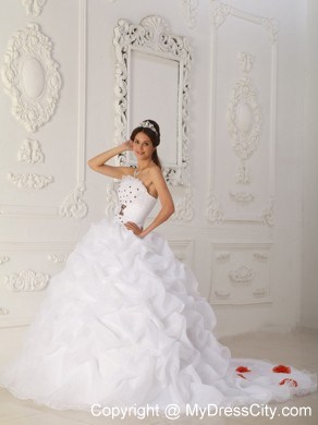 White Ball Gown Strapless Court Train Organza Quinceanera Dress