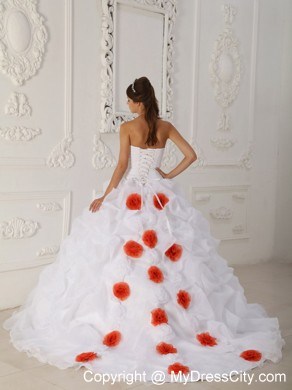 White Ball Gown Strapless Court Train Organza Quinceanera Dress