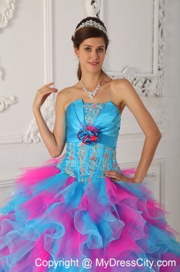 Multi-color Ruffly Organza appliques and Ruches Quinceanera Dress