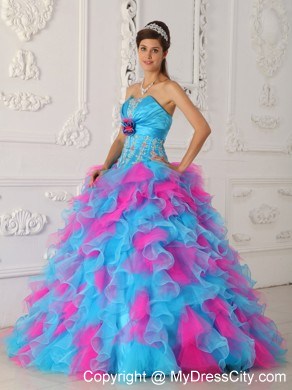 Multi-color Ruffly Organza appliques and Ruches Quinceanera Dress