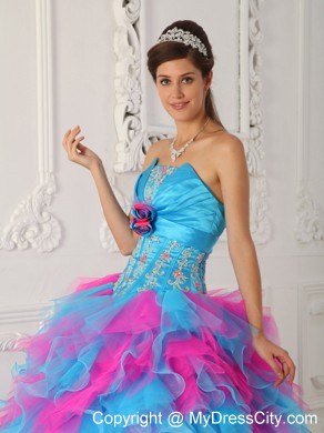 Multi-color Ruffly Organza appliques and Ruches Quinceanera Dress