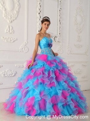 Multi-color Ruffly Organza appliques and Ruches Quinceanera Dress