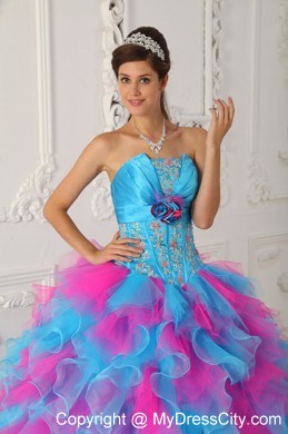 Multi-color Ruffly Organza appliques and Ruches Quinceanera Dress