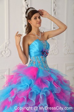 Multi-color Ruffly Organza appliques and Ruches Quinceanera Dress