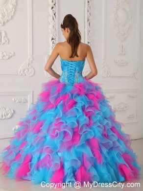 Multi-color Ruffly Organza appliques and Ruches Quinceanera Dress