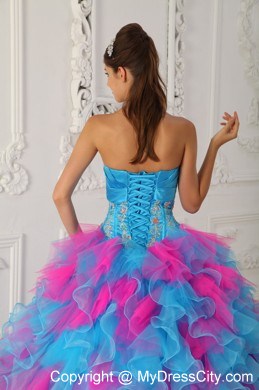 Multi-color Ruffly Organza appliques and Ruches Quinceanera Dress