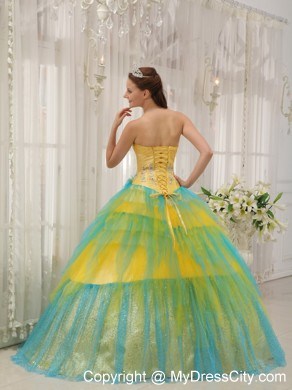 Yellow and Blue Tulle Quinceanera Dress with Appliques and Flowers