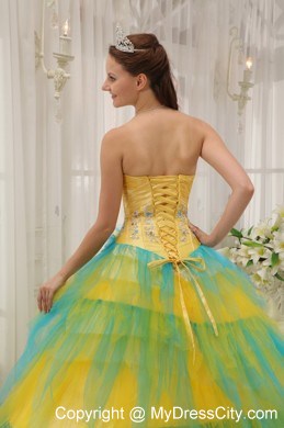 Yellow and Blue Tulle Quinceanera Dress with Appliques and Flowers