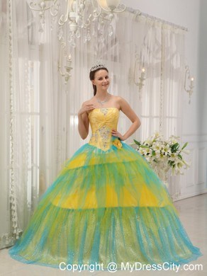 Yellow and Blue Tulle Quinceanera Dress with Appliques and Flowers