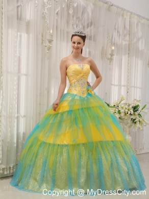 Yellow and Blue Tulle Quinceanera Dress with Appliques and Flowers