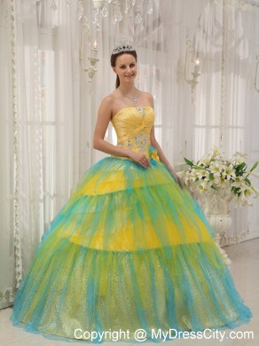 Yellow and Blue Tulle Quinceanera Dress with Appliques and Flowers