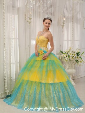 Yellow and Blue Tulle Quinceanera Dress with Appliques and Flowers