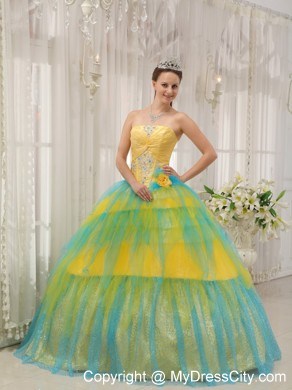 Yellow and Blue Tulle Quinceanera Dress with Appliques and Flowers