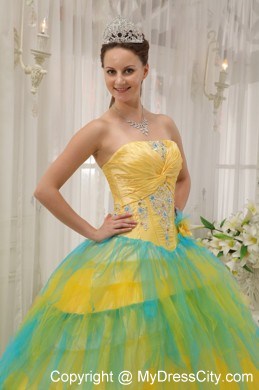 Yellow and Blue Tulle Quinceanera Dress with Appliques and Flowers