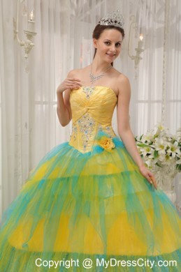 Yellow and Blue Tulle Quinceanera Dress with Appliques and Flowers