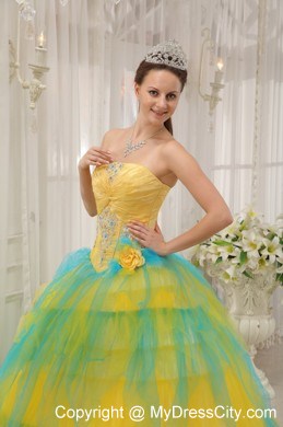 Yellow and Blue Tulle Quinceanera Dress with Appliques and Flowers