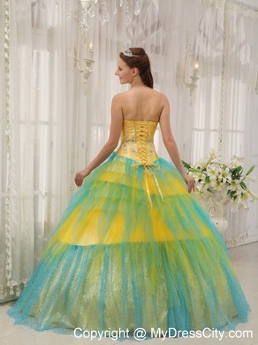 Yellow and Blue Tulle Quinceanera Dress with Appliques and Flowers