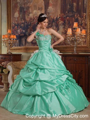 Apple Green Pick-ups Beading and Flowers Quinceanera Dress 2013