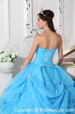 Teal Organza Pick-ups Quinceanera Dress with Ruches and Appliques