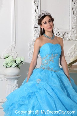 Teal Organza Pick-ups Quinceanera Dress with Ruches and Appliques