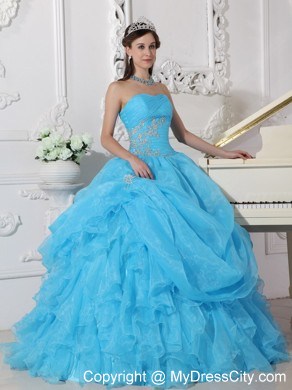 Teal Organza Pick-ups Quinceanera Dress with Ruches and Appliques