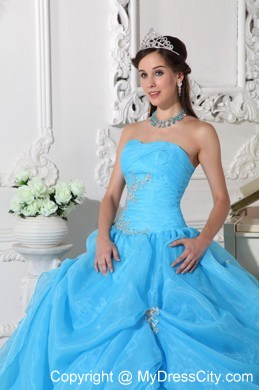 Teal Organza Pick-ups Quinceanera Dress with Ruches and Appliques