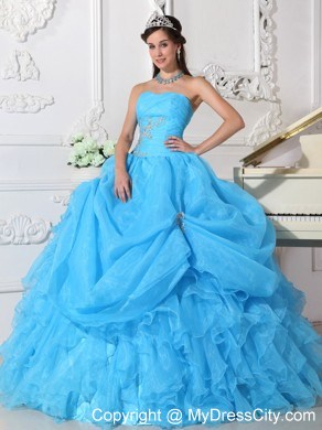 Teal Organza Pick-ups Quinceanera Dress with Ruches and Appliques