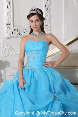 Teal Organza Pick-ups Quinceanera Dress with Ruches and Appliques