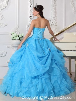 Teal Organza Pick-ups Quinceanera Dress with Ruches and Appliques