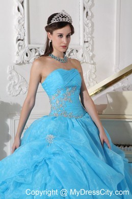 Teal Organza Pick-ups Quinceanera Dress with Ruches and Appliques