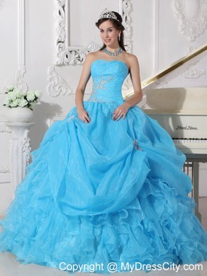 Teal Organza Pick-ups Quinceanera Dress with Ruches and Appliques