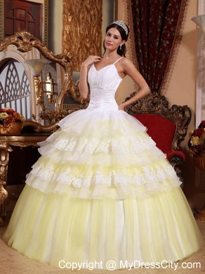 Popular Light Yellow Puffy 2013 Ruffled Layers Lace Sweet 15 Dress