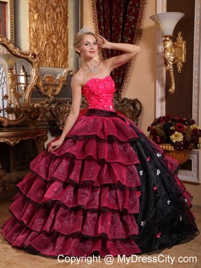 Red and Black Ruffled Layers Appliques Quinceanera Dress 2013