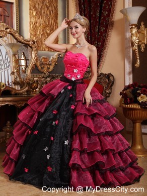 Red and Black Ruffled Layers Appliques Quinceanera Dress 2013