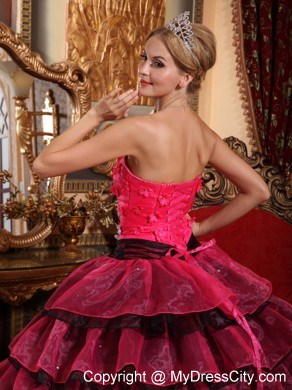 Red and Black Ruffled Layers Appliques Quinceanera Dress 2013