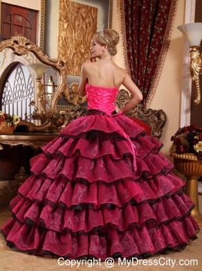 Red and Black Ruffled Layers Appliques Quinceanera Dress 2013