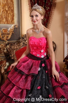 Red and Black Ruffled Layers Appliques Quinceanera Dress 2013