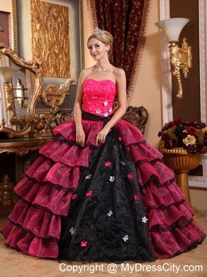 Red and Black Ruffled Layers Appliques Quinceanera Dress 2013