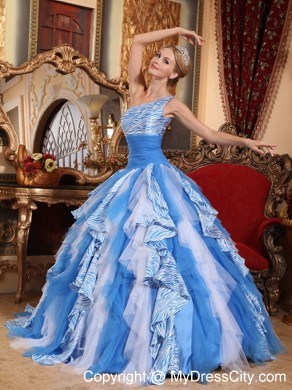 Ruffles One Shoulder Blue and White Quinceanera Dress with Zebro