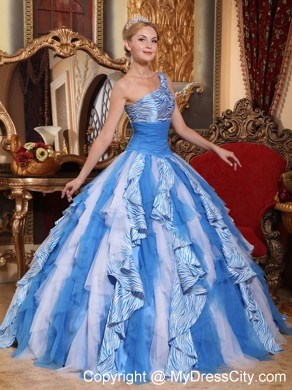 Ruffles One Shoulder Blue and White Quinceanera Dress with Zebro