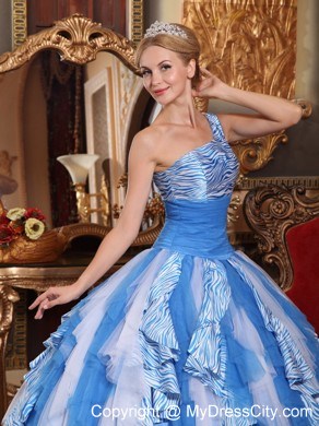 Ruffles One Shoulder Blue and White Quinceanera Dress with Zebro