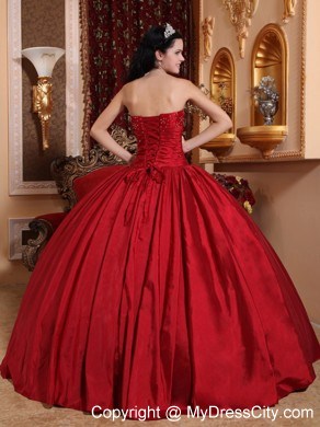 Red Puffy Quinceanera Dress Beading and Ruches Dercorate Bust