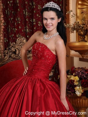 Red Puffy Quinceanera Dress Beading and Ruches Dercorate Bust