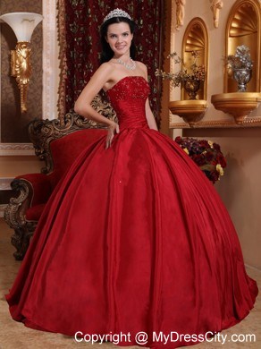 Red Puffy Quinceanera Dress Beading and Ruches Dercorate Bust