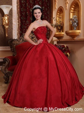 Red Puffy Quinceanera Dress Beading and Ruches Dercorate Bust