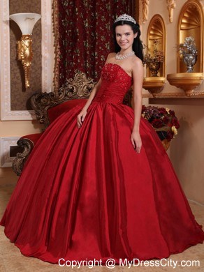 Red Puffy Quinceanera Dress Beading and Ruches Dercorate Bust